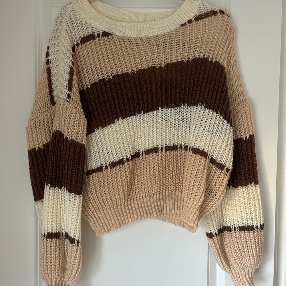 SHEIN Cream and Brown Chunky Knit Crew Neck Sweater